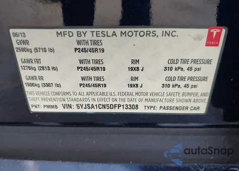 2013 Tesla Model S z USA, uszkodzony, nr VIN 5YJSA1CN5DFP13308